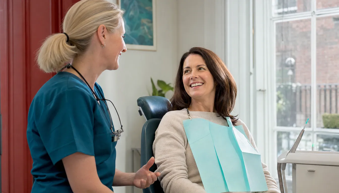 Dr Brennan chatting with a smiling patient in a bright treatment room