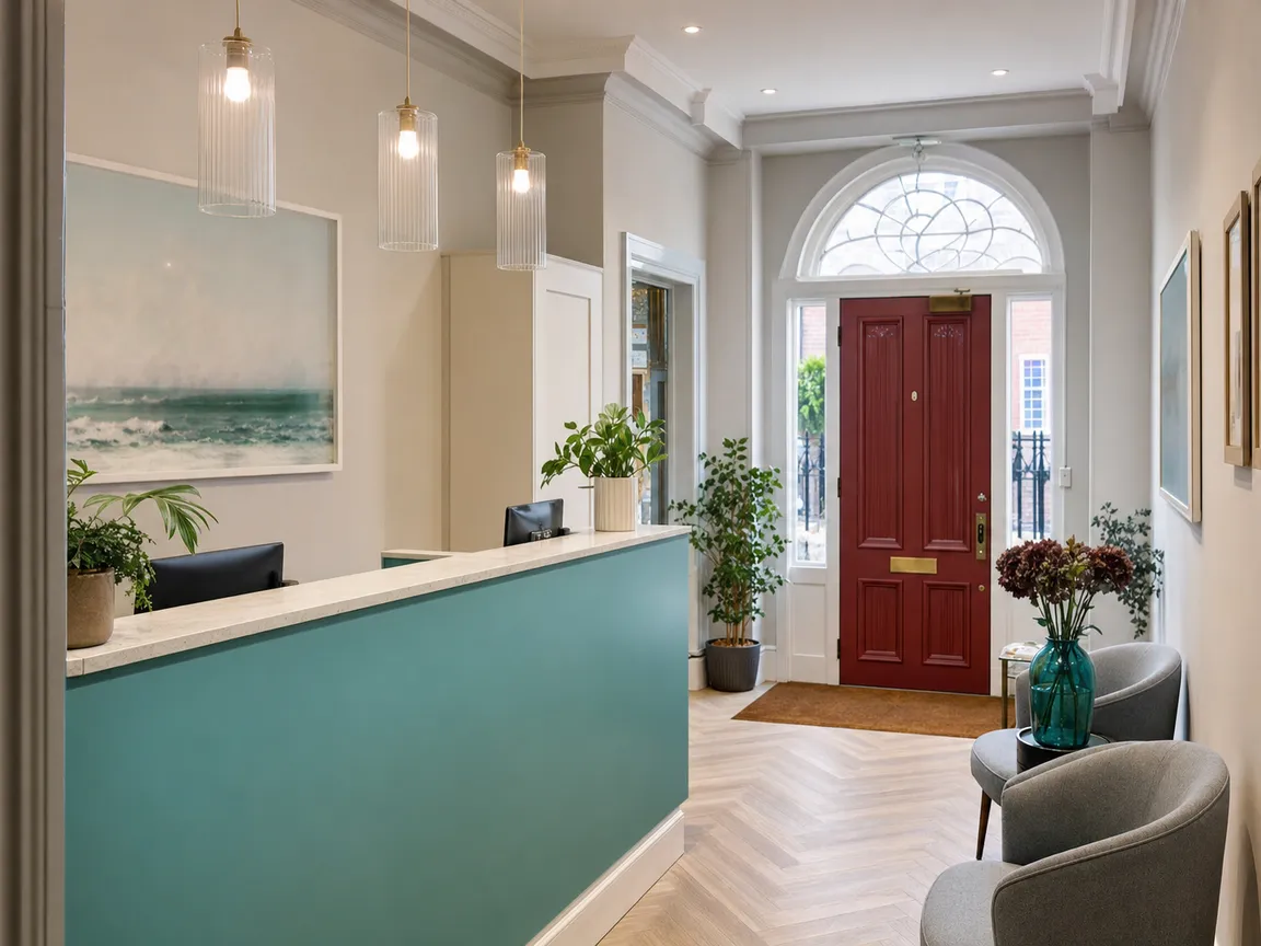 The clinic's reception inside the Georgian townhouse, with the red front door